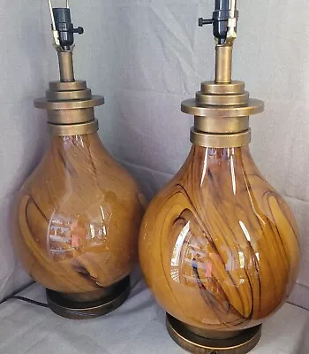 Large Swirl Amber Glass Tortoise Shell Colored Vintage Lamp Pair  32.5 H X 11 W • $285