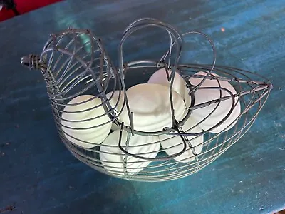 7 VTG Blown Glass Eggs In Hen Metal Basket  • $45