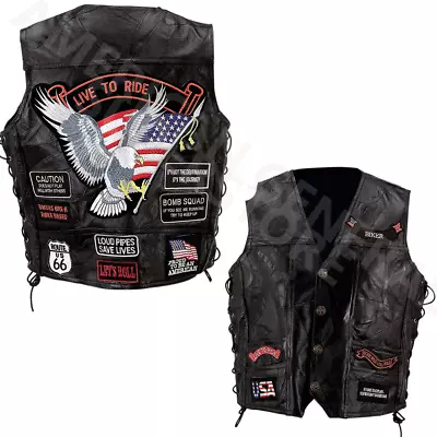 VEST LEATHER Biker Black Buffalo Motorcycle W/ 14 Patches US Flag Eagle Mens MC • $29.99