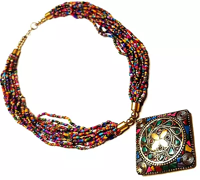 Handmade Tibetan Banjara Tribal Necklace Brass Glass Naga Vintage Gypsy Pendant • $22.49