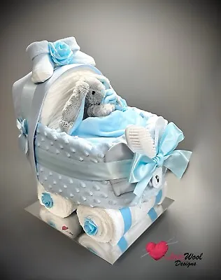 NAPPY CAKE PRAM Luxury Pure Baby Blue Baby Shower Or Maternity Gift. • £54.50
