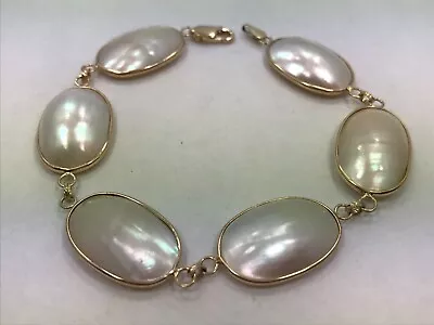 14 Karat Mabe Pearl Bracelet - 14K Gold 8  Rare Unique Oval Mabe Pearl Bracelet • $1680