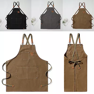 Unisex Canvas Denim Bib Apron Kitchen Cooking Workshop Washable Work Aprons Uk • £4.73