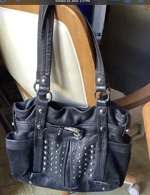 Classic Preowned B. MAKOWSKY Black Leather Purse Handbag Moto Bag Silver Studs • $29.99