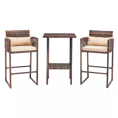 Outdoor 3 Pcs Patio Bar Set Bar Height Bistro Table Set For 2  Wicker Bar Stool • $159.99