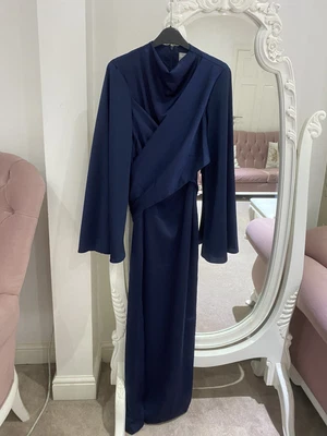 $50.44 • Buy ASOS DESIGN High Neck Maxi Dress Satin Wrap Bell Sleeve Navy Abaya 6 - 18