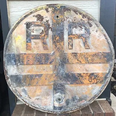 Rare Vintage 9 Pound Railroad Crossing Train Station RR Metal Sign Round  24  • $750