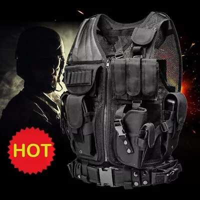 Military Tactical Vest W/ Gun Holster Molle Police Assault Combat Assault Gear • $29.99