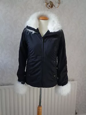 Gorgeous Hooch Jacket/Coat Black With White Fur Trim On Hood/Collar/Cuffs Size 8 • £39.99