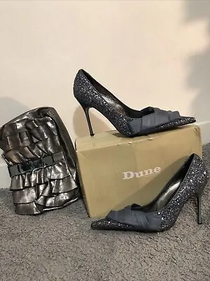 Dune Shoes Size 8 Glitter Court Sash Pewter With Bag • £20