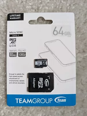 Team 64GB Micro SDXC SD UHS-1 Class 10 Flash Card 100mb/s With Adapter New • $9.75