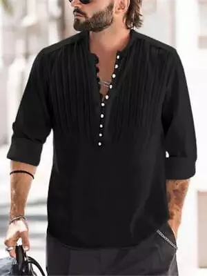 Button Down Shirts Men Black Linen Pleated Solid Lightweight Collarless Dress Up • $25.98