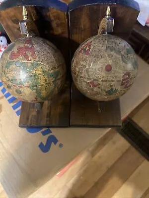 Vintage Wooden Old World Globe Bookends Made In Japan • $29