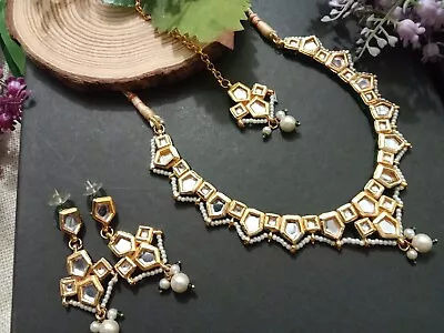 Beautiful Antique Gold Stone Backside Meenakari Kundan IndianChoker Necklace Set • $35.32