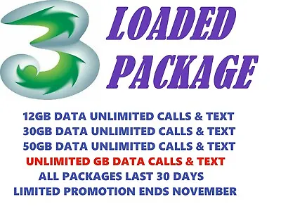 Three Network Sim Card Preloaded With UNLIMITED GB Data For MiFi Routers Dongle • £8.99