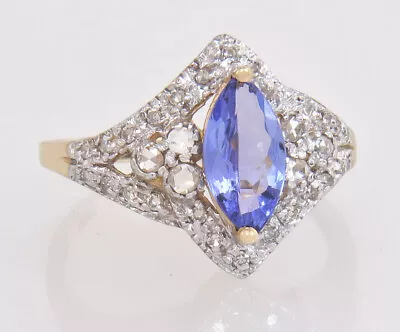 14K Two Tone Gold 1.56ct Marquise Cut Tanzanite & CZ Dinner Ring Size 7.25 • £371.58