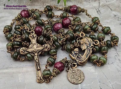 Mother Mary Holy Birth Of Jesus Green Jade Vintage Bronze Rosary • $159