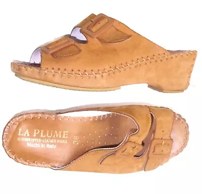 LA PLUME Jen 7 / 38 Brown Nubuck Wedge Heel Backless Buckle Sandal Shoes • $24.99