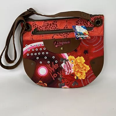 NWT DESIGUAL  Love  Multi-color Florals Canvas W. Leather Trims Crossbody Bag • $27.18