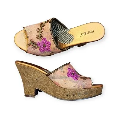 KENZIE Comical Rose Velvet Sandals Multicolored Floral Wedge Shoes Size 9.5 M • $19.99