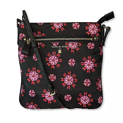 Michael Kors Large Nylon Crossbody Bag Kelsey Pink Black Floral • $79.99