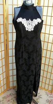 Vtg 1980s NADINE Classy Jet Black Rose Damask Lace EVENING GOWN Cocktail DRESS 7 • $59.99