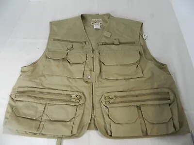 Cabela's Three Forks Fly Fishing Vest Men's XL Tan Pockets Small Rust Stain • $29.99