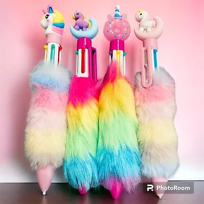 Unicorn Fluffy Pom Pen Multi Colour Gel Fun Cute Rainbow Plush Soft Novelty Gift • £5.49