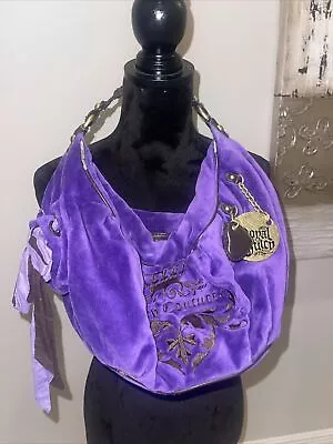 Juicy Couture Bag Purse Purple Velour Vintage Ribbon Bow Charm Hobo Royal Rare • $105