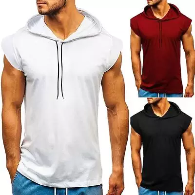 Mens Gym Vest Hoodie Sleeveless Hooded Pullover Tank Tops Casual Muscle T-Shirt • £10.02