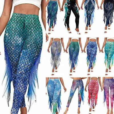 US Women Mermaid Leggings Fish Scale Fins Yoga Pants High Waist Costume Clubwear • $7.51