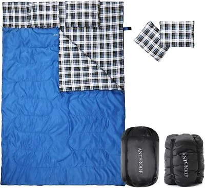 Double-Wide Cotton Flannel Lined Sleeping Bags 3 Season Kids Blue  • £70.57
