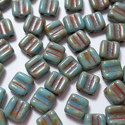 20pcs 2-Hole Turquoise & Picasso Red Czech Glass Square Beads 6mm - GB122  • £3.80