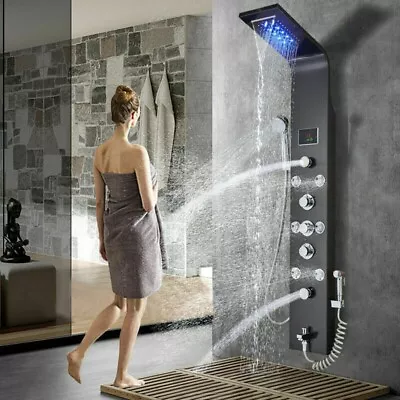 Stainless Steel LED Shower Panel Tower Black Rain&Waterfall Massage Jets System • $136.28