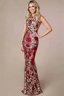 £30 • Buy Goddiva Stephanie Pratt Gold And Dark Red Long Dress Size 8 New