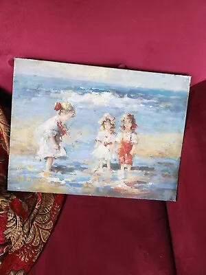 Antique Oil Painting On Canvas Three Little Girls At The Seaside NOT SIGNED. • £25