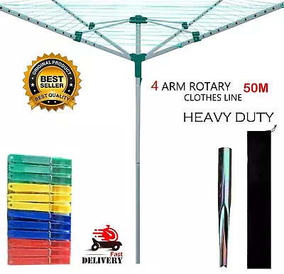 Rotary Airer 50m Outdoor 4 Arm Clothes Washing Line Dryer Ground Spike & Cover • £44.99