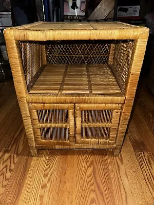 Vintage Boho Wicker Rattan Bed Side  Top Tv Stand Cabinet W/ Doors • $74.95