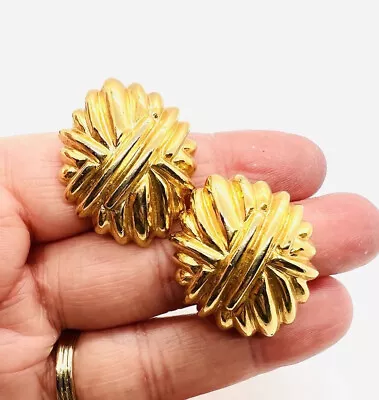 Large PAOLO GUCCI Gold Tone Earrings Criss Cross Clip Backs Vintage Jewelry • $79.99