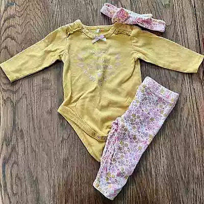 My First Thanksgiving Yellow Pink Floral Print Baby Girl’s Outfit Set 6-9M • $32