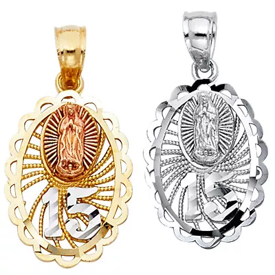 Virgen De Guadalupe 14K Solid Gold 15 Anos Oval Charm Quinceanera 18mm Pendant • $75.99