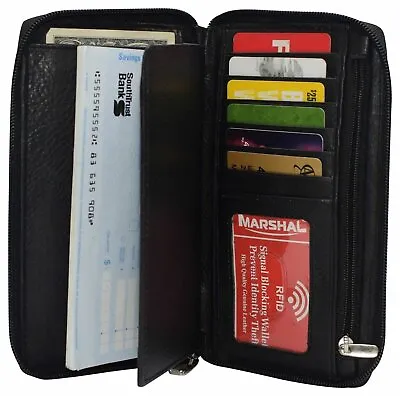 Leather Bifold Zipper Wallet RFID Blocking Checkbook Cover Long Purse Black • $19.99