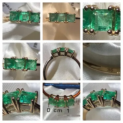 9ct 9K Yellow Gold Colombian Emerald 3 Stone Ring Size T 1.04 Ct Wt. 1.82 Gms • £199