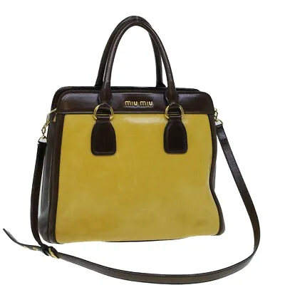 Miu Miu Shoulder Bag Vitello Shine Leather 2way Yellow Brown Auth Bs8888 • $334.32