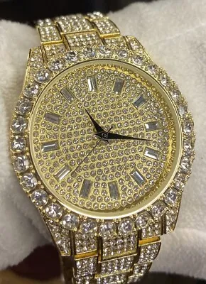 Mens TECHNO #8916 Fully Iced Out Blinged CZ Diamond VVS Quality Gold Tone Watch • $36.99
