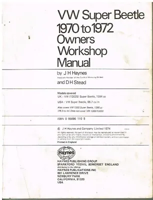 Vw Super Beetle 1302 1302s Saloon 1970-72 Owners Workshop Manual • $16.65