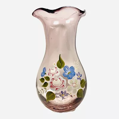 Blown Glass Amethyst Purple Floral Painted Ruffle Top Table Bud Vase 8  • £19.27