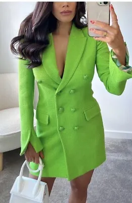 BNWT ZARA NEON GREEN TEXTURED DOUBLE BREASTED BLAZER DRESS SIZE Xs • £45