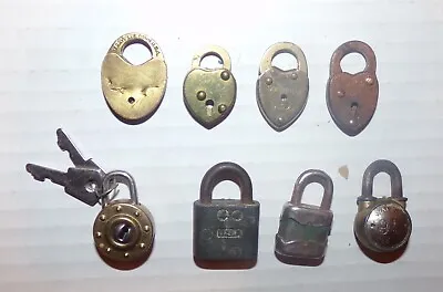 8 Vintage Mini Padlocks Antique Brass Metal Locks Eagle Walsco 95 Dog Plus • $34.99