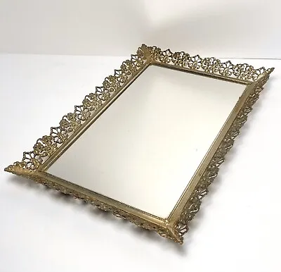 Vintage Ormolu Mirrored Vanity Tray Gold Filigree Dresser Hollywood Regency 15  • $39.99